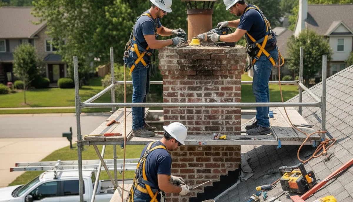 Boston chimney repair team fixing cracked masonry and leaks for a home in Boston, MA